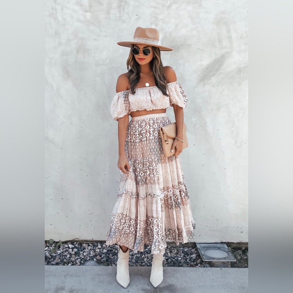 JABEZ PRINTED RUFFLE TIERED MIDI SKIRT & CROP TOP